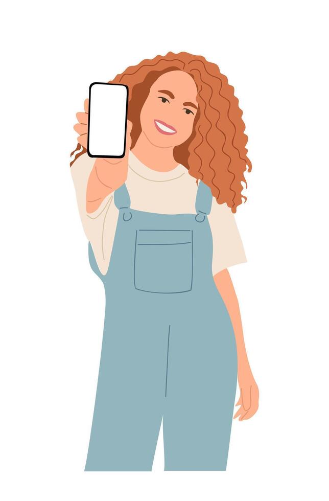 A woman with curly hair is holding up a phone vector