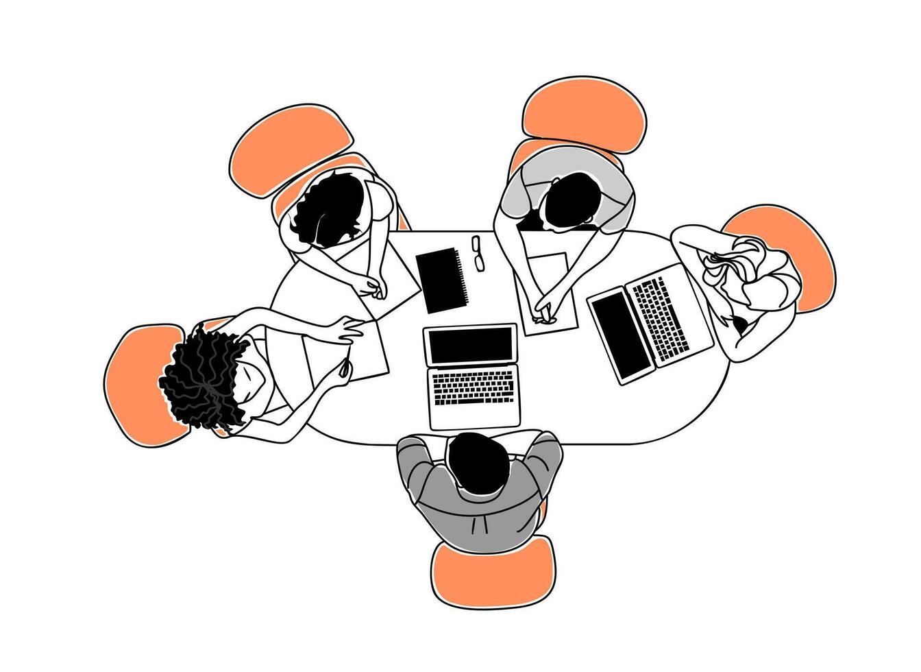 An illustration of people sitting around a table with laptops vector