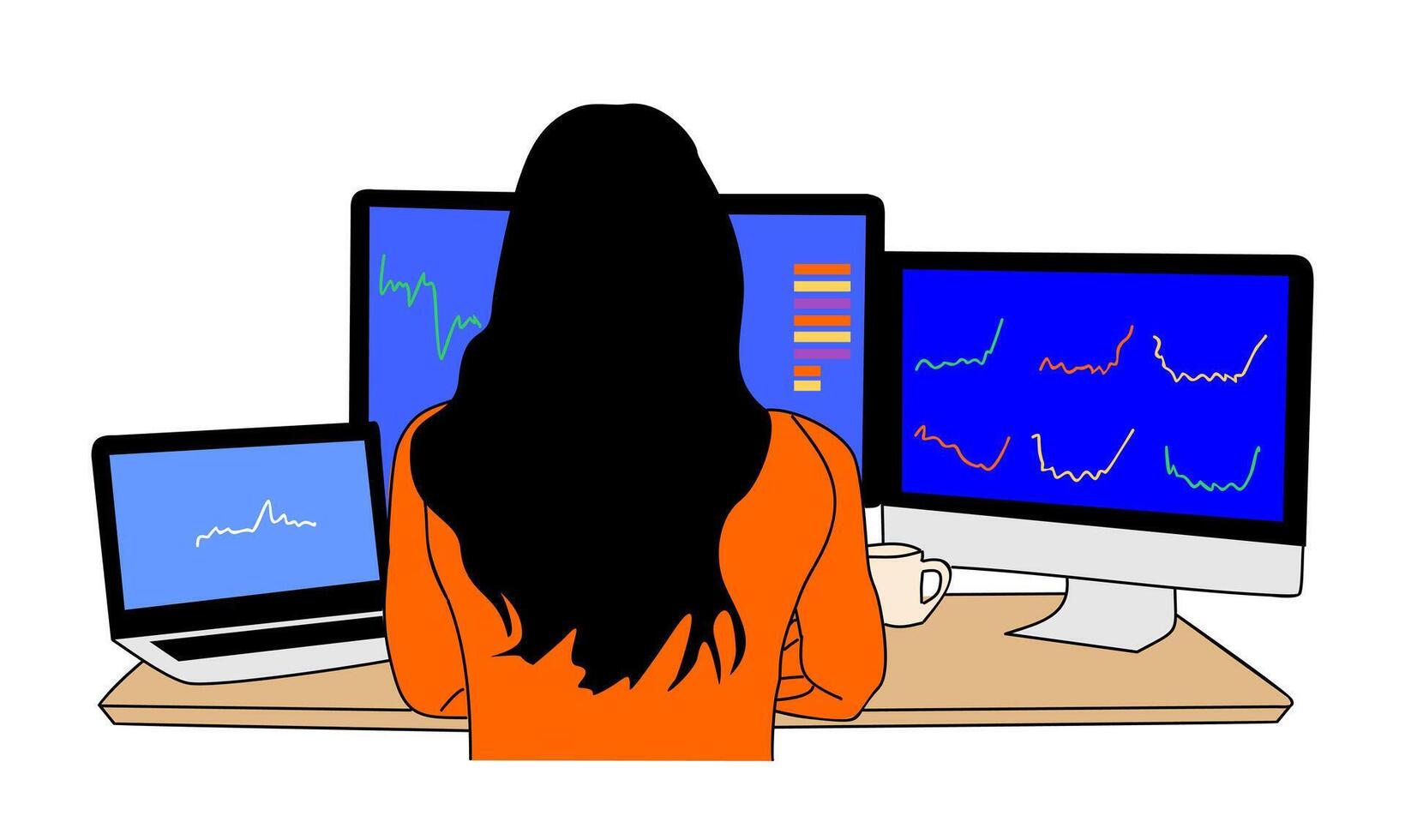 A woman sitting at a desk with three monitors vector