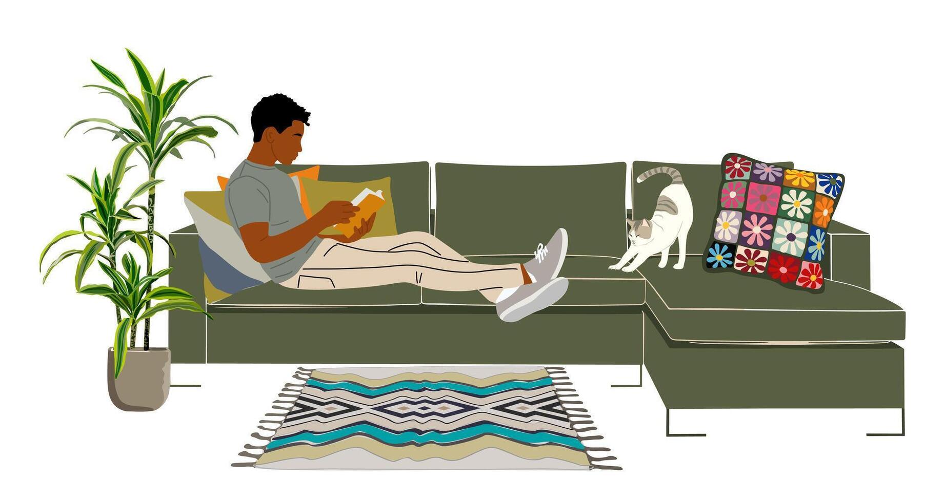 A man sitting on a couch with a cat vector