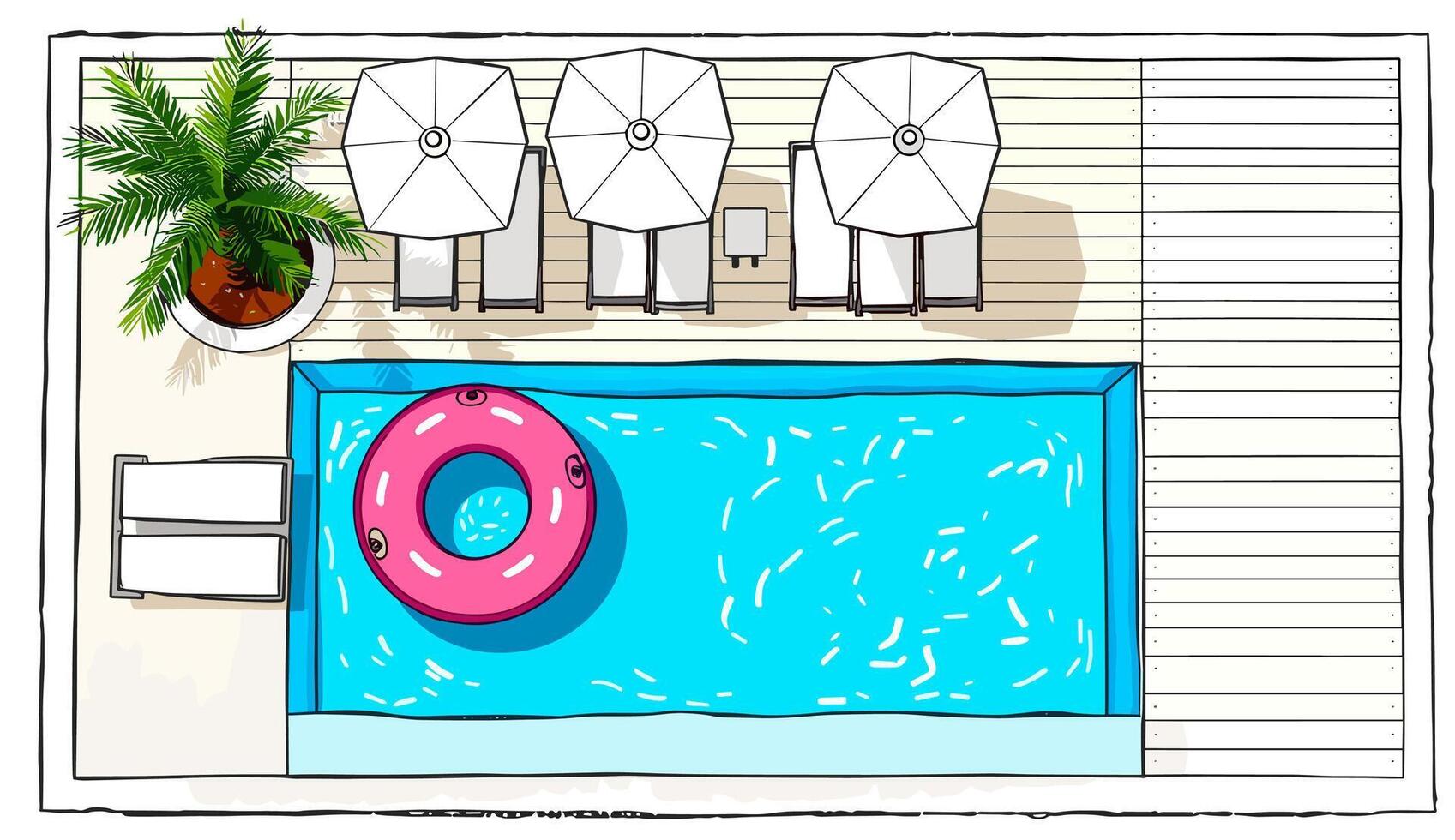 A drawing of a pool with a pink inflatable vector