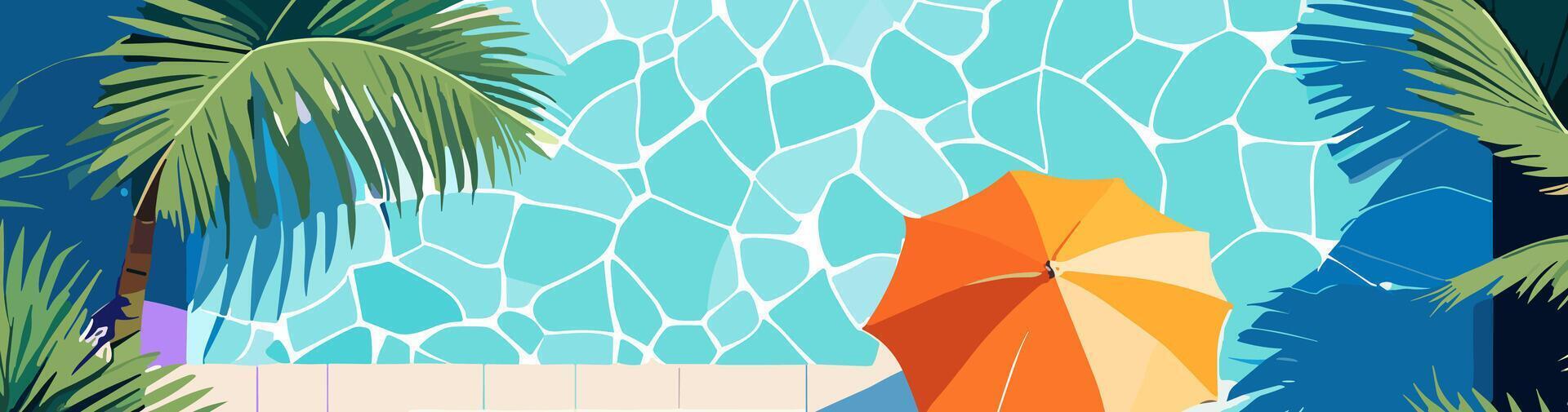 A pool with a beach umbrella and chairs vector
