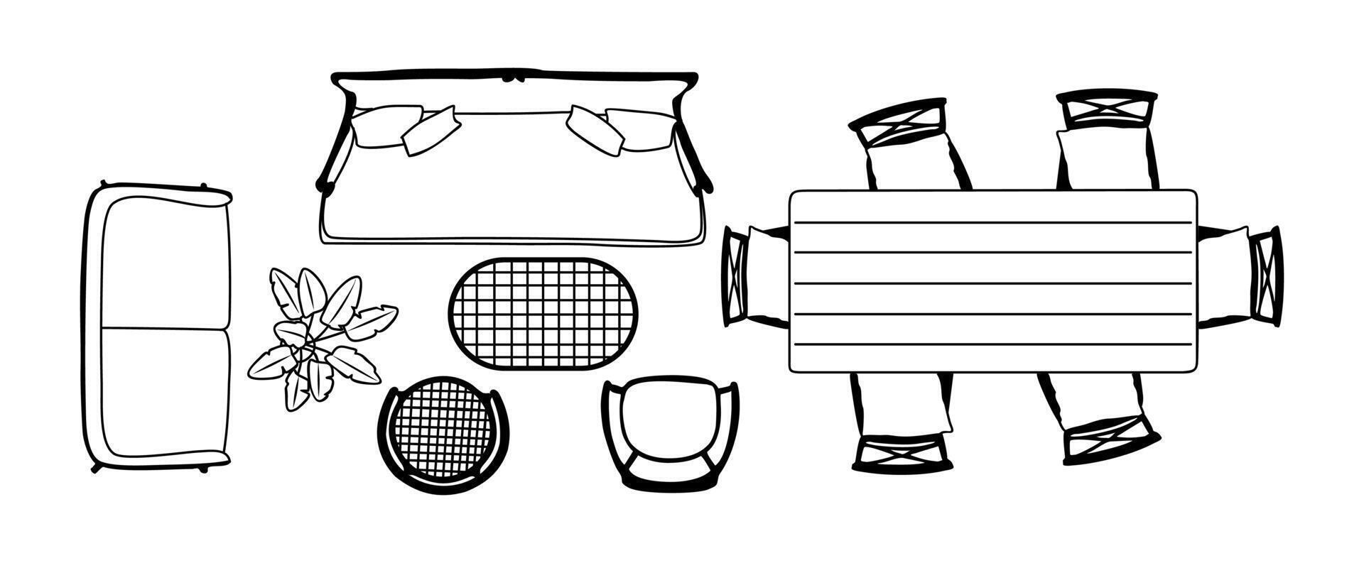 A drawing of a table, chairs, and a grill vector