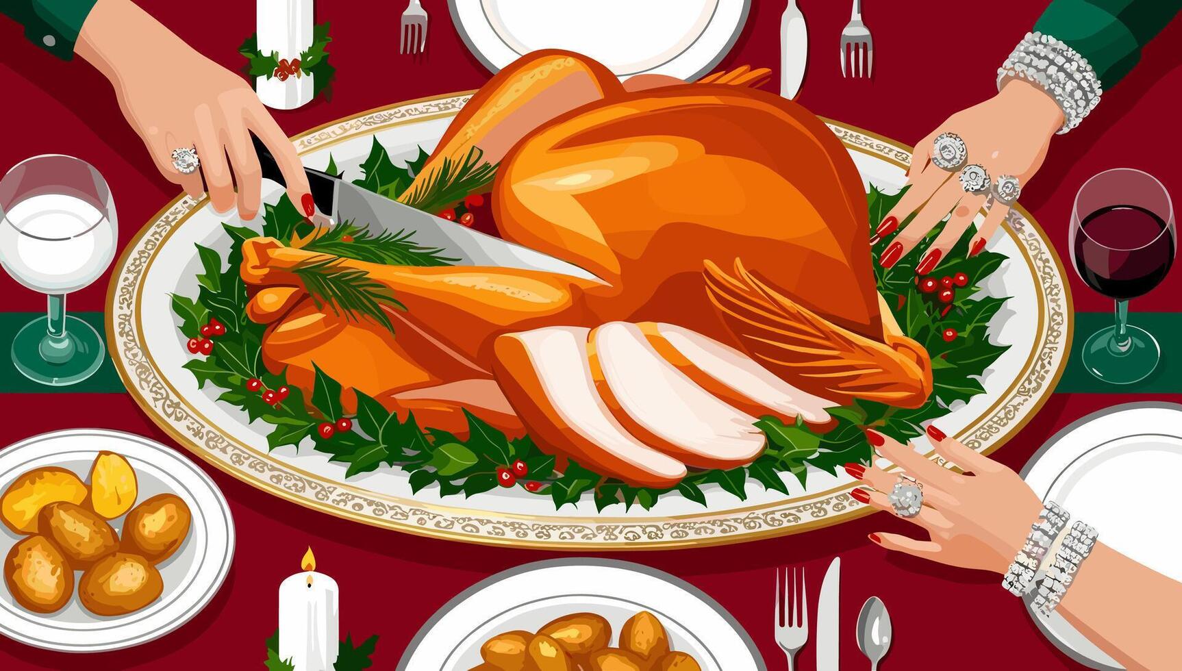 A turkey is being served on a plate with a knife vector