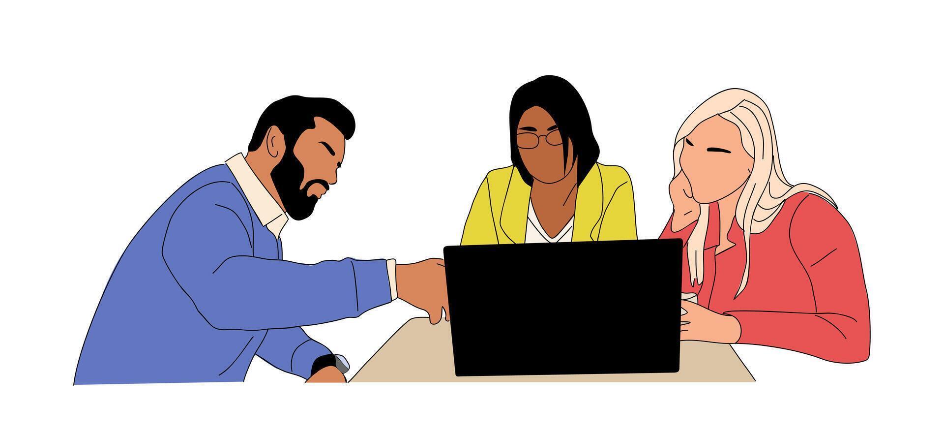 A cartoon of three people sitting at a table with a laptop vector
