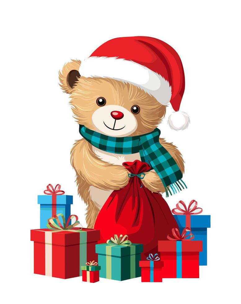 Christmas teddy bear with gifts vector