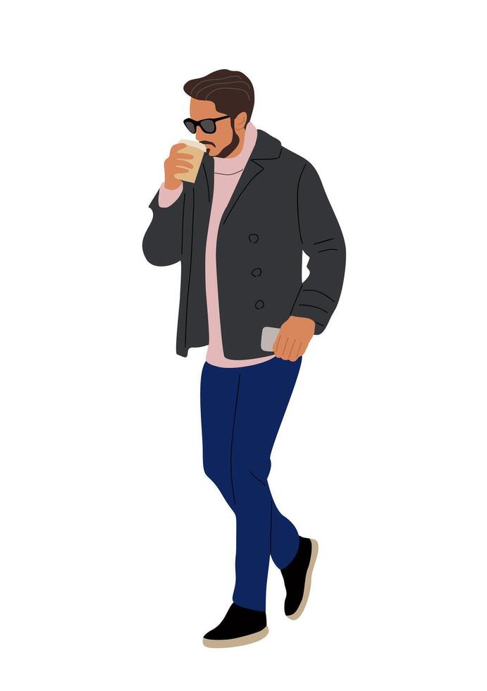 Man in jacket and jeans drinking coffee illustration vector