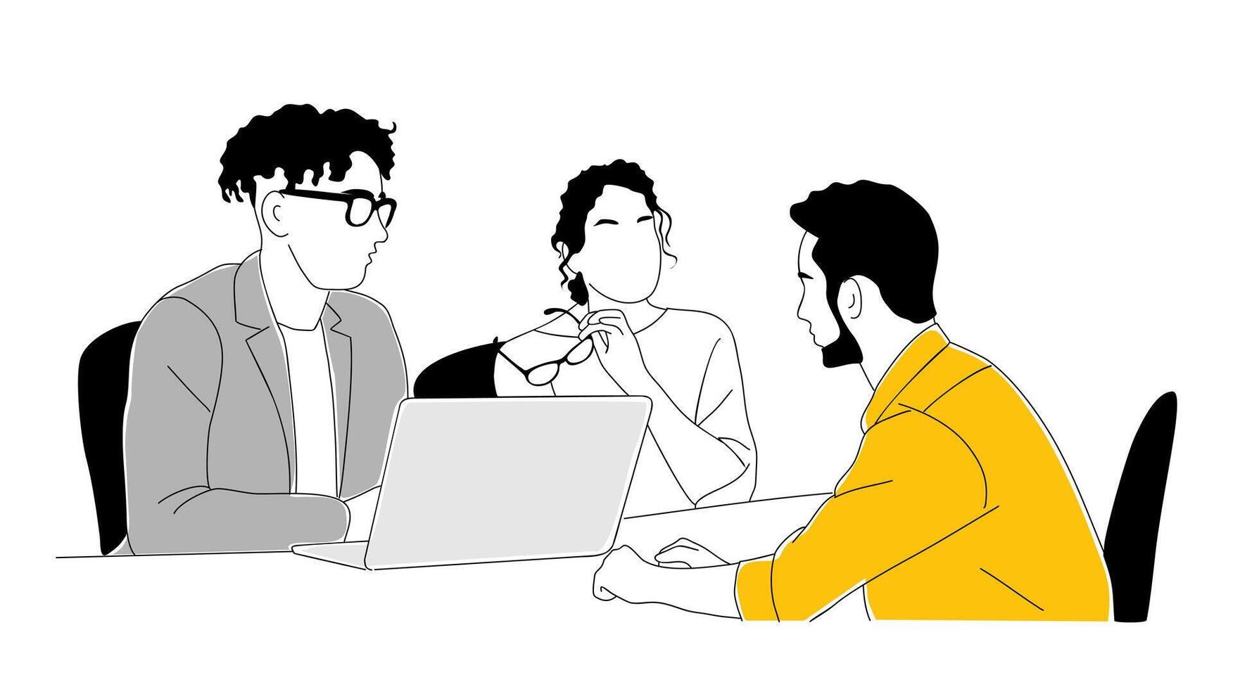 A drawing of three people sitting at a table with a laptop vector