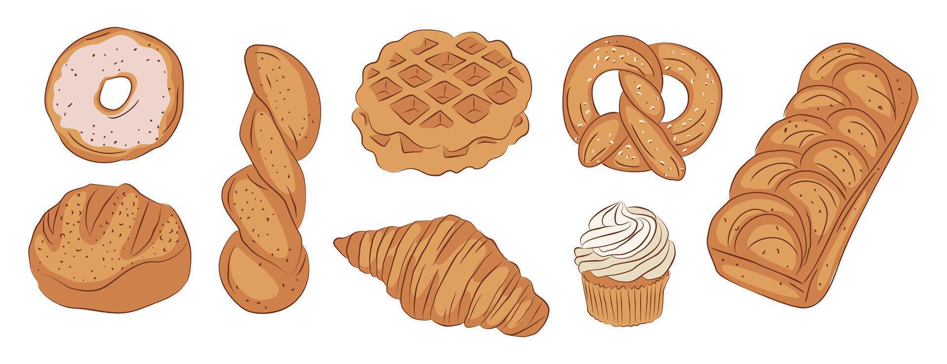 Various types of breads and pastries on a white background vector