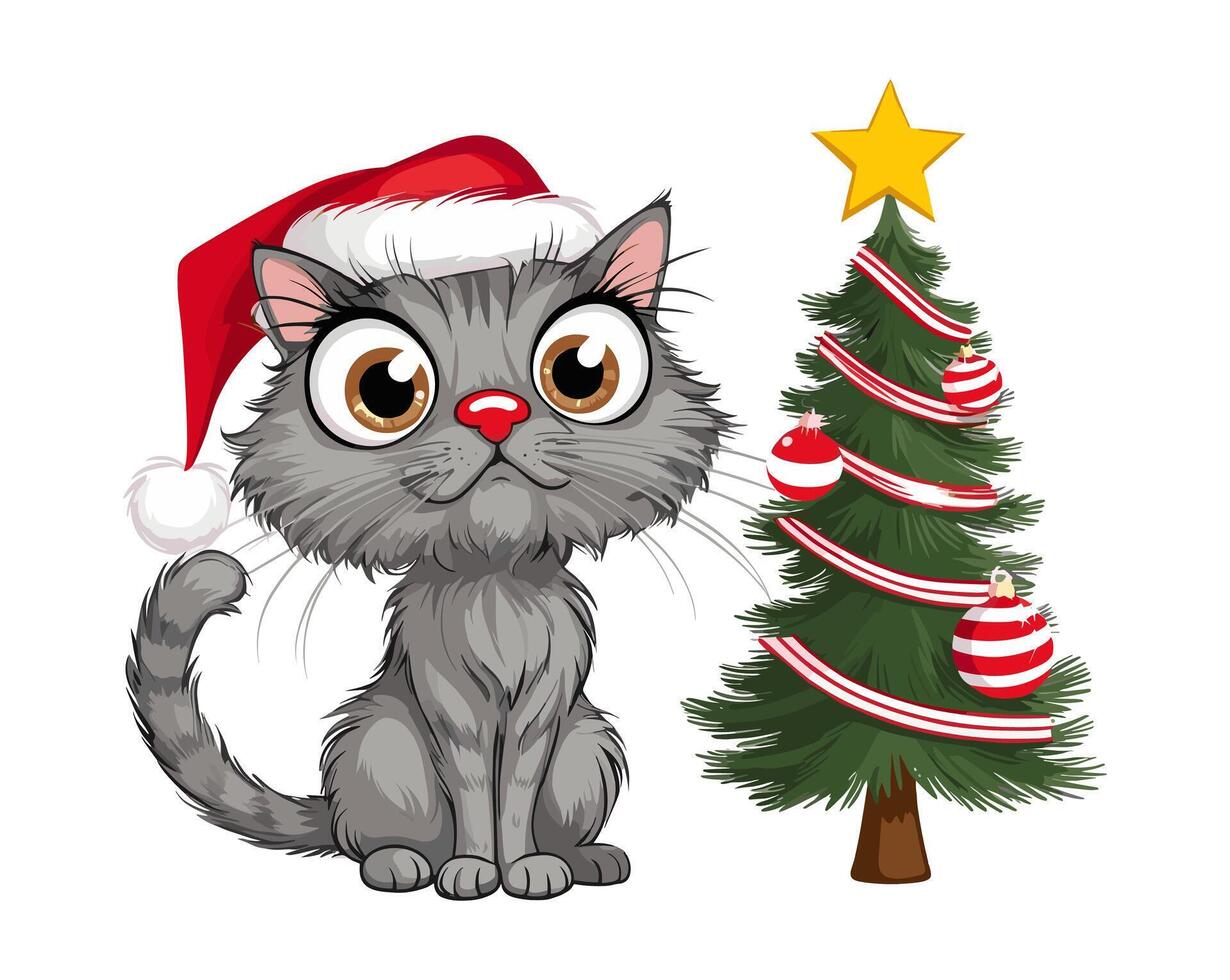 A cartoon gray cat with a santa hat next to a christmas tree vector