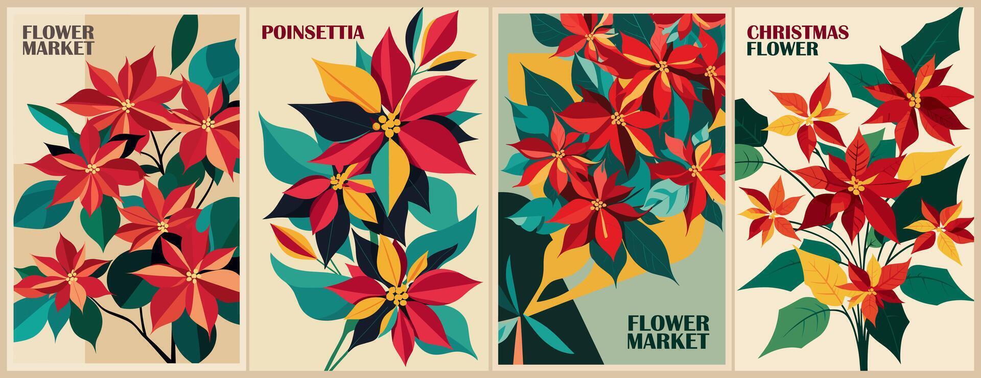 Four different posters with poinsettia flowers vector