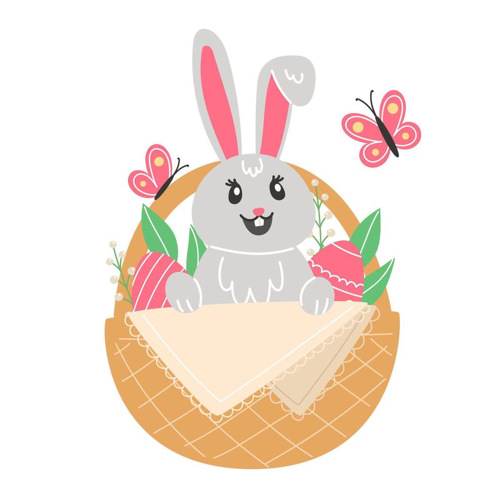 Easter Bunny in a Basket with Easter Eggs vector