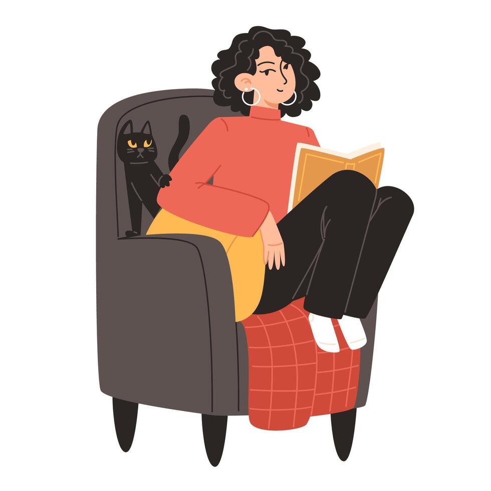 Young Woman Sitting in an Armchair with a Cat, Reading a Book vector