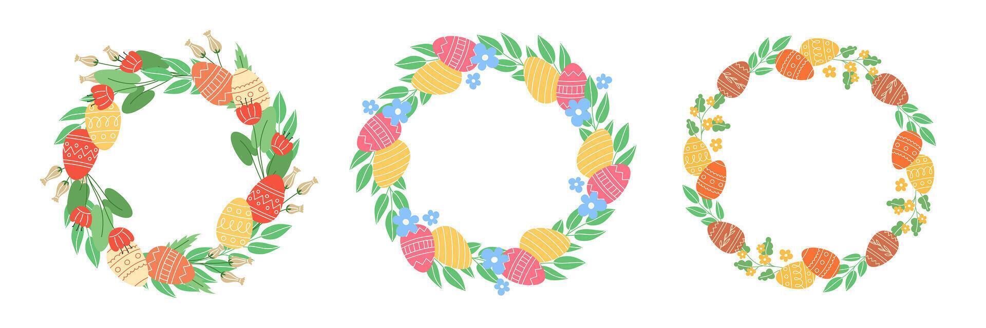 Spring Easter Wreath Set with Flowers and Painted Eggs vector