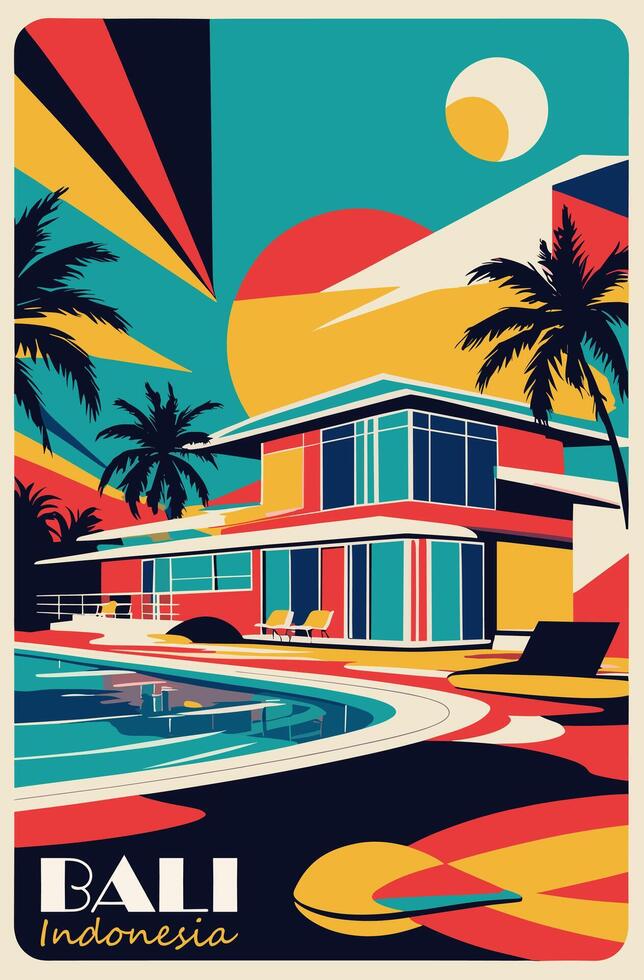 A poster of a house and a pool in indonesia vector