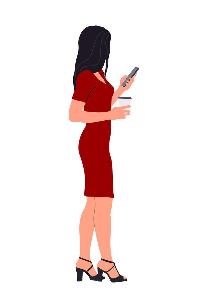 A woman in a red dress holding a coffee cup vector