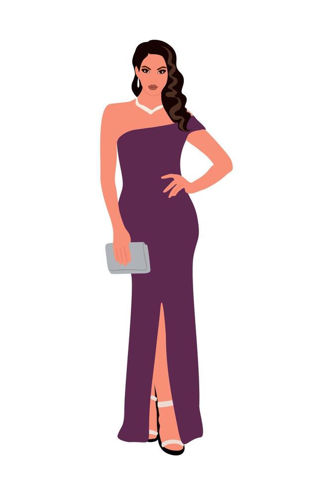 A woman in a purple dress with a clutch vector