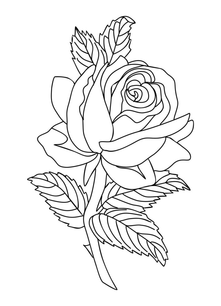 A rose coloring page with leaves vector
