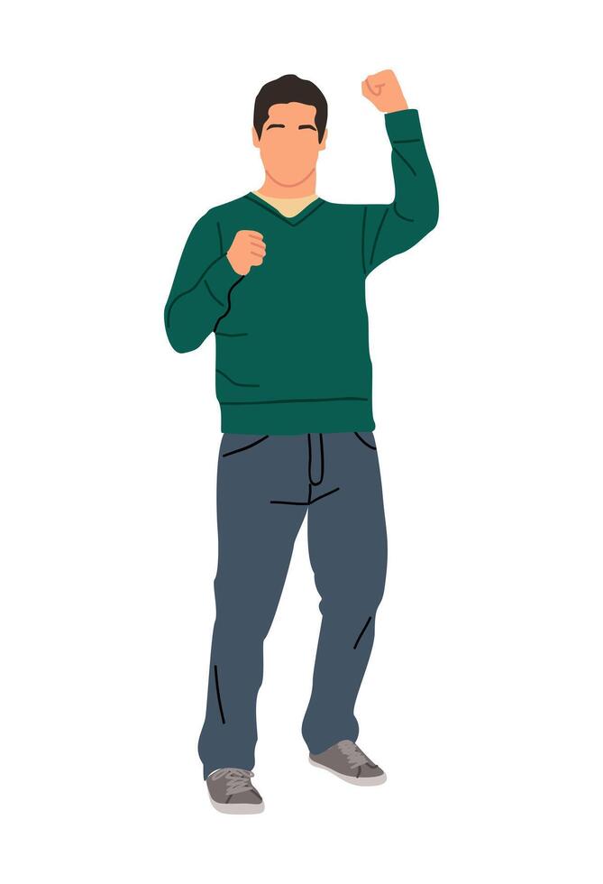 A man in a green sweater and jeans is raising his fist vector