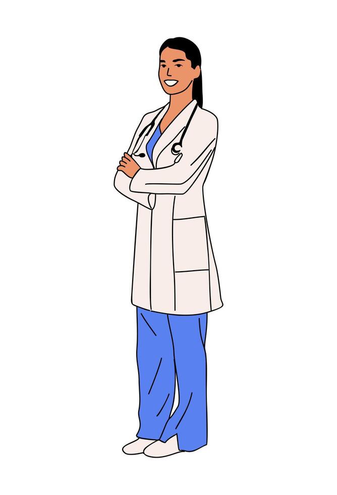 A cartoon female doctor standing with her arms crossed vector