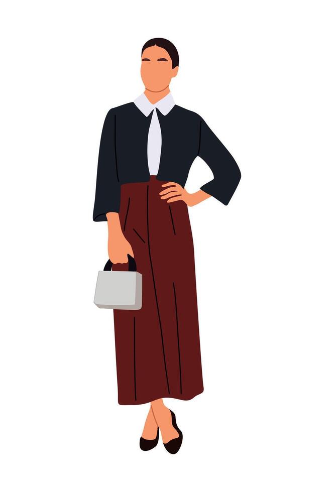 A woman in a skirt and blouse holding a purse vector