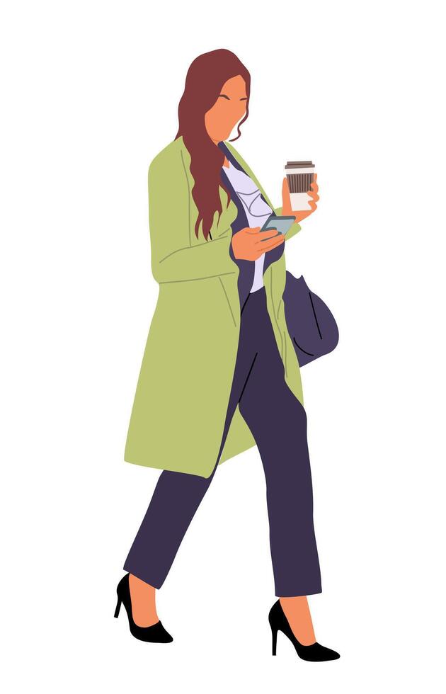 A woman in a green coat and black shoes is holding a coffee vector