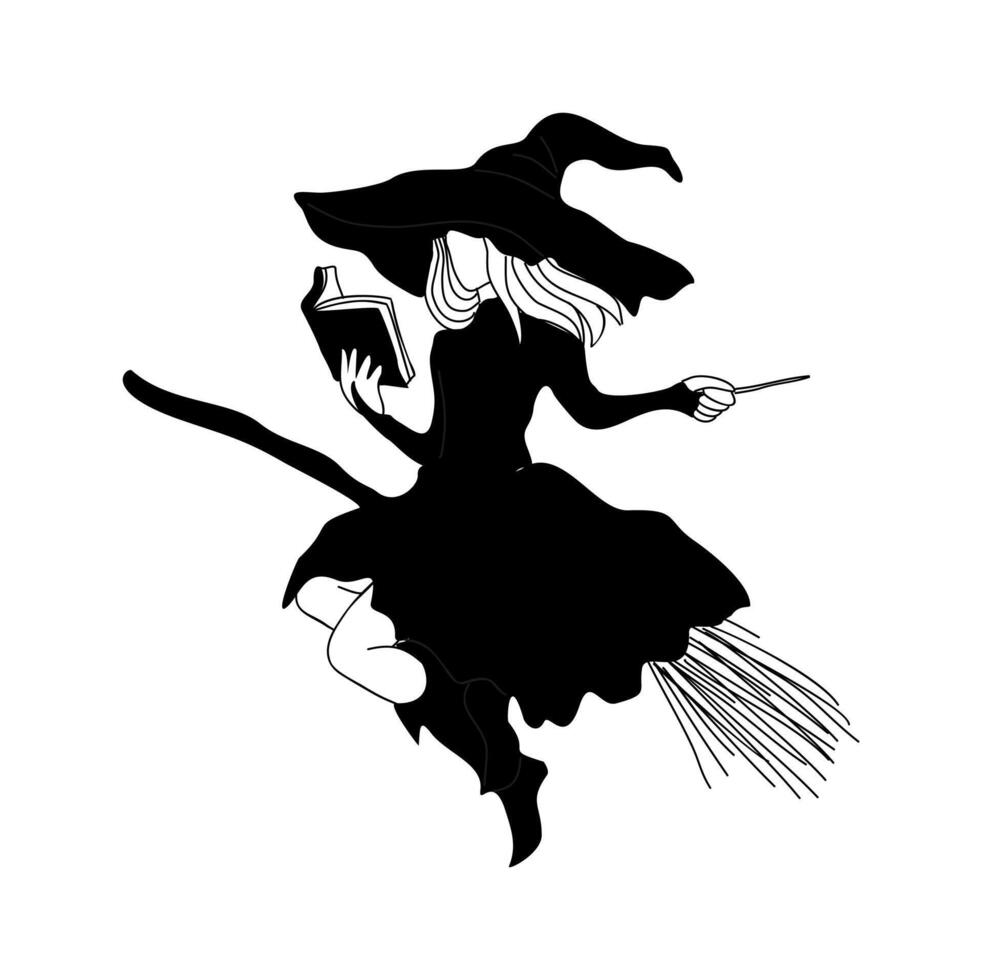 A black and white illustration of a witch flying on a broom vector