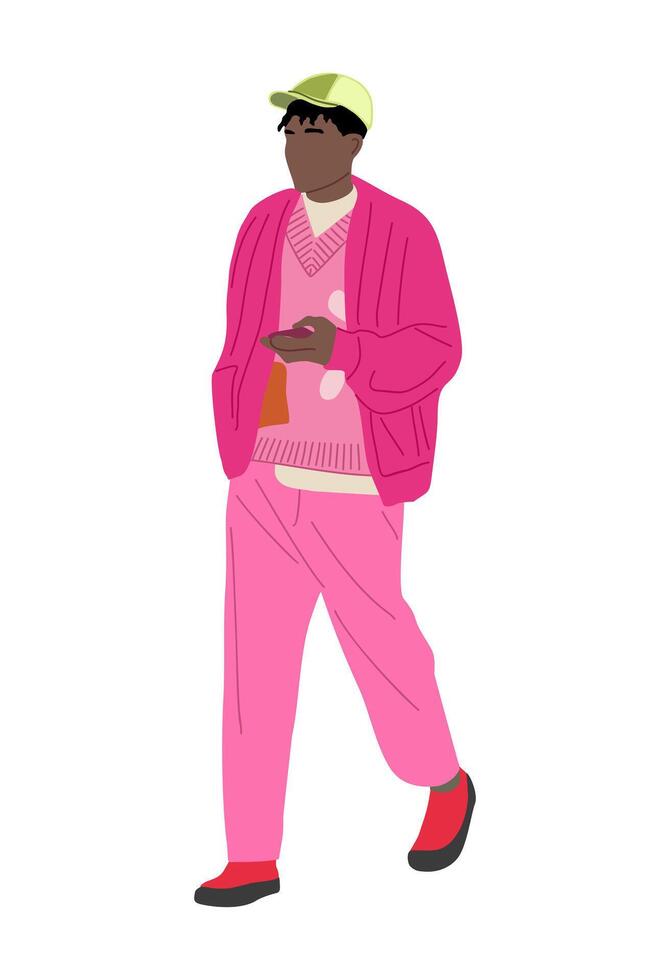 A man in pink clothes and a hat is walking vector