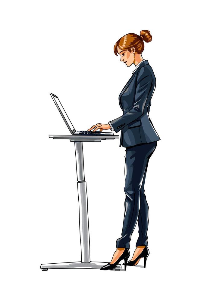 A woman in business attire standing on a laptop vector