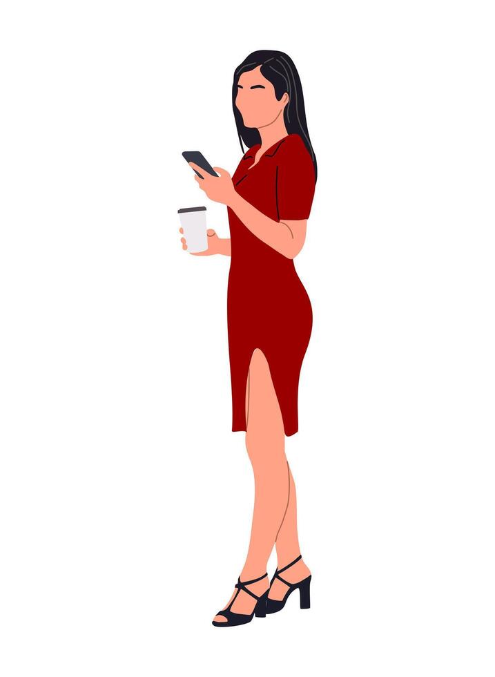 A woman in a red dress holding a cup and a cell phone vector