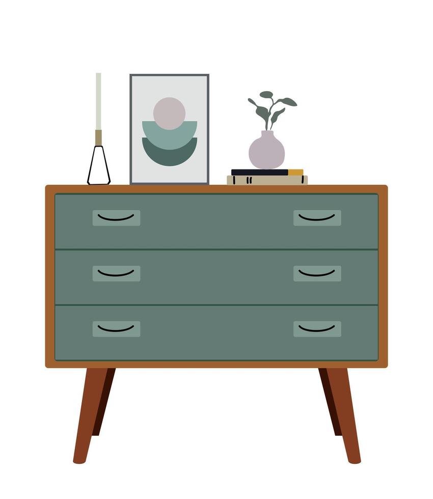 A green dresser with a plant and a picture vector