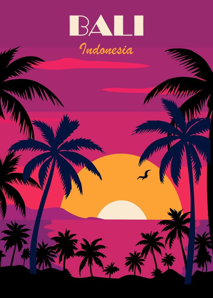 Bali, Indonesia travel poster in retro style with palm tree silhouettes and sunset on the ocean beach in the background vector
