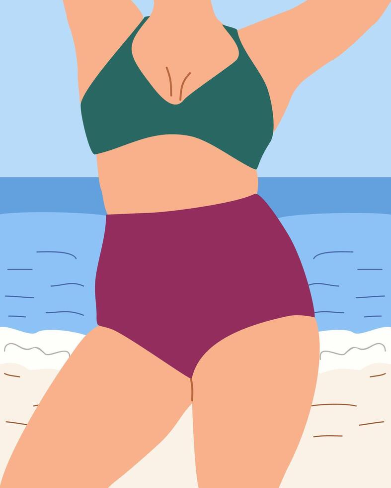 Curvy woman in underwear. Plus size girl in bikini standing on the beach with sea on the background. vector