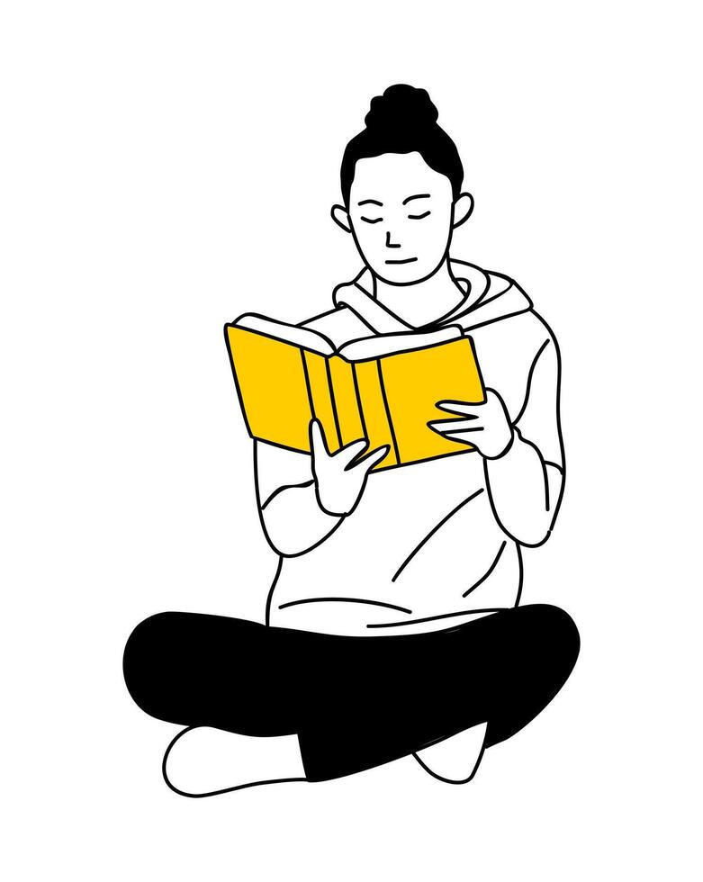 A woman reading a book in a sitting position vector