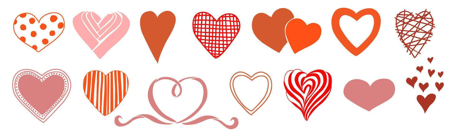 Set of different red and pink heart silhouettes. Hand drawn illustrations isolated on white background. Traditional Love sign Design element for Valentines Day greeting card, banner vector