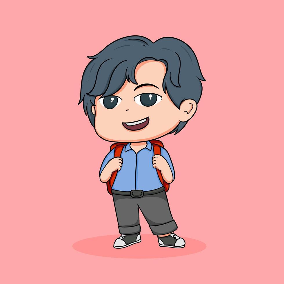 Charming Chibi School Boy with Backpack vector