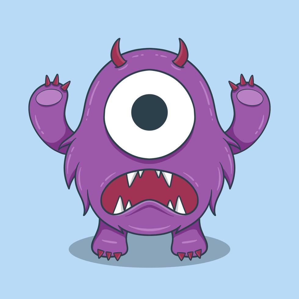 Cute cartoon monster with big eyes, pointy teeth, and a cheerful grin. vector