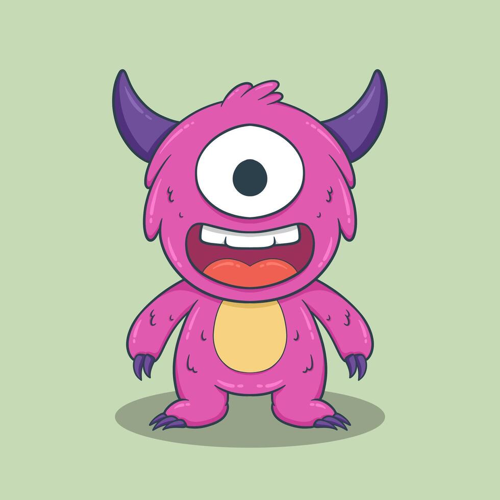 Endearing cartoon monster with glowing big eyes, sharp but friendly teeth, and a warm grin vector