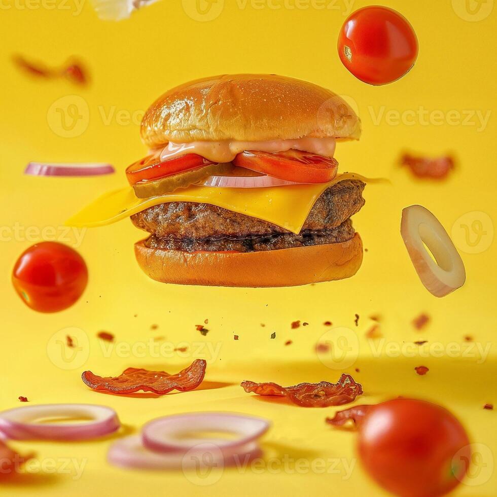 .Delicious burger with bacon on yellow background with levitating vegetables and ingredients. Advertising poster with studio light. photo