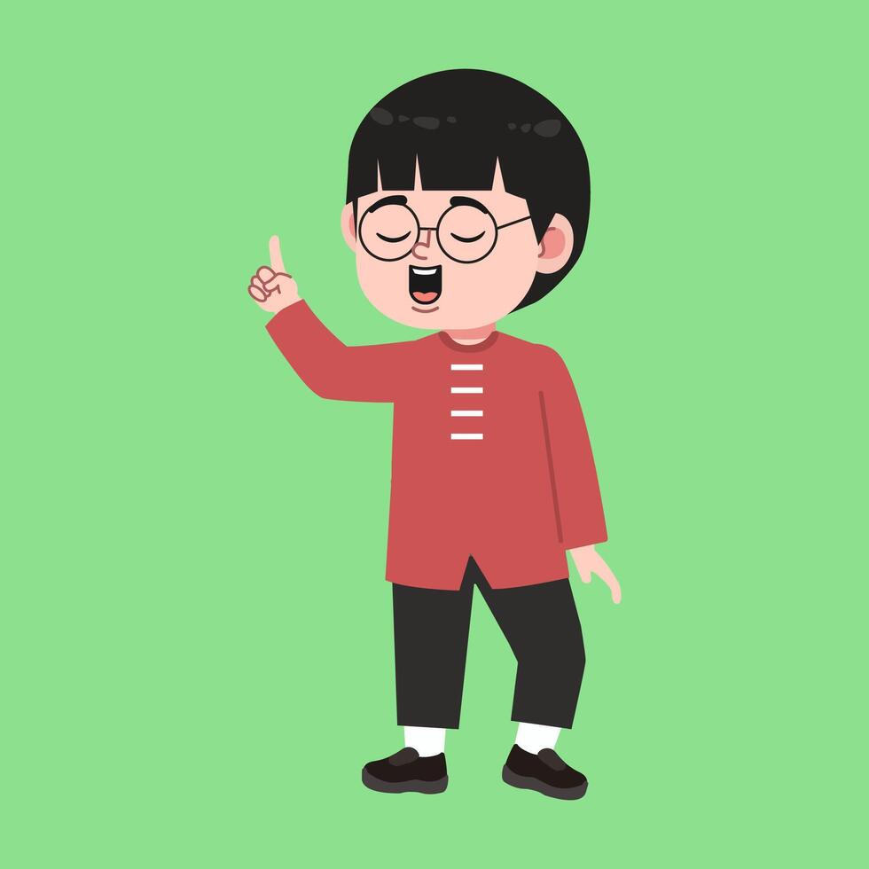 Cute Glasses Chinese Boy with Black Hair cartoon Pointing Hand vector