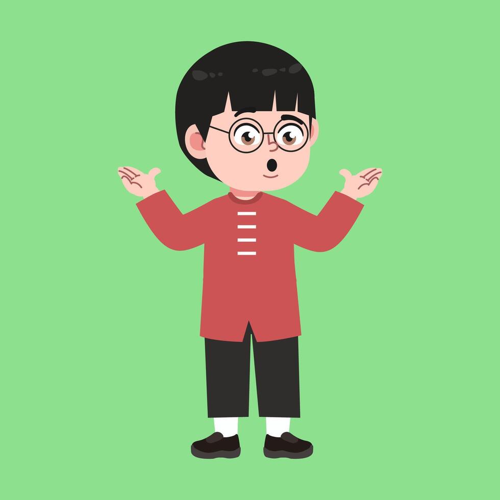 Cute Glasses Chinese Boy with Black Hair cartoon Confused and upset vector