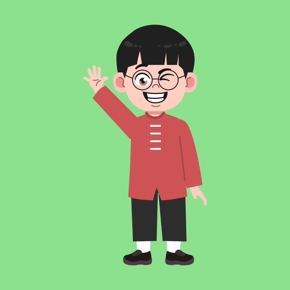 Cute Glasses Chinese Boy with Black Hair cartoon wave hand vector