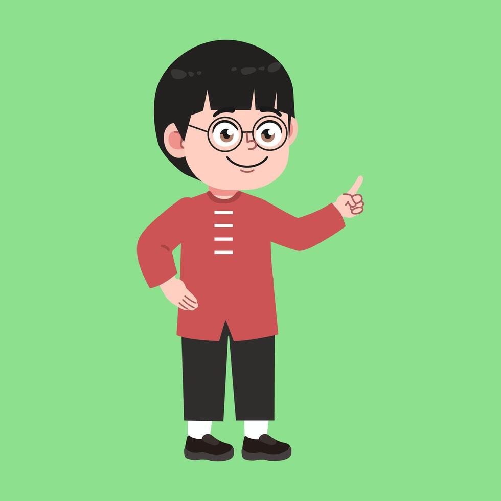 Cute Glasses Chinese Boy with Black Hair cartoon pointing hand explained vector