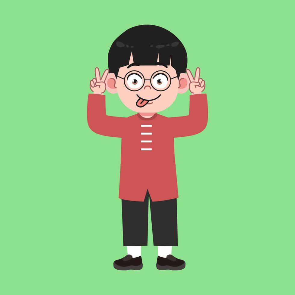 Cute Glasses Chinese Boy with Black Hair cartoon Absurd face vector