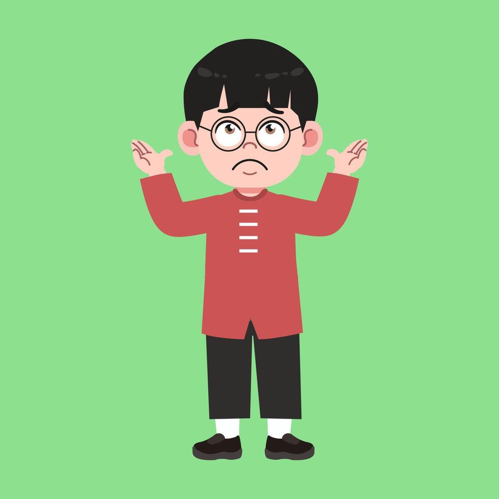 Cute Glasses Chinese Boy with Black Hair cartoon upset vector