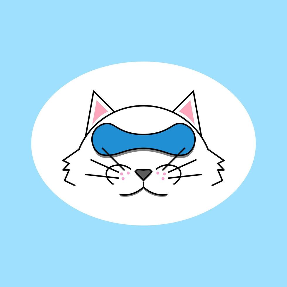 A cute illustration of a cat wearing a blue sleep mask, pink cheeks, and a small black nose. Perfect for themes related to sleep, relaxation, and pets. vector