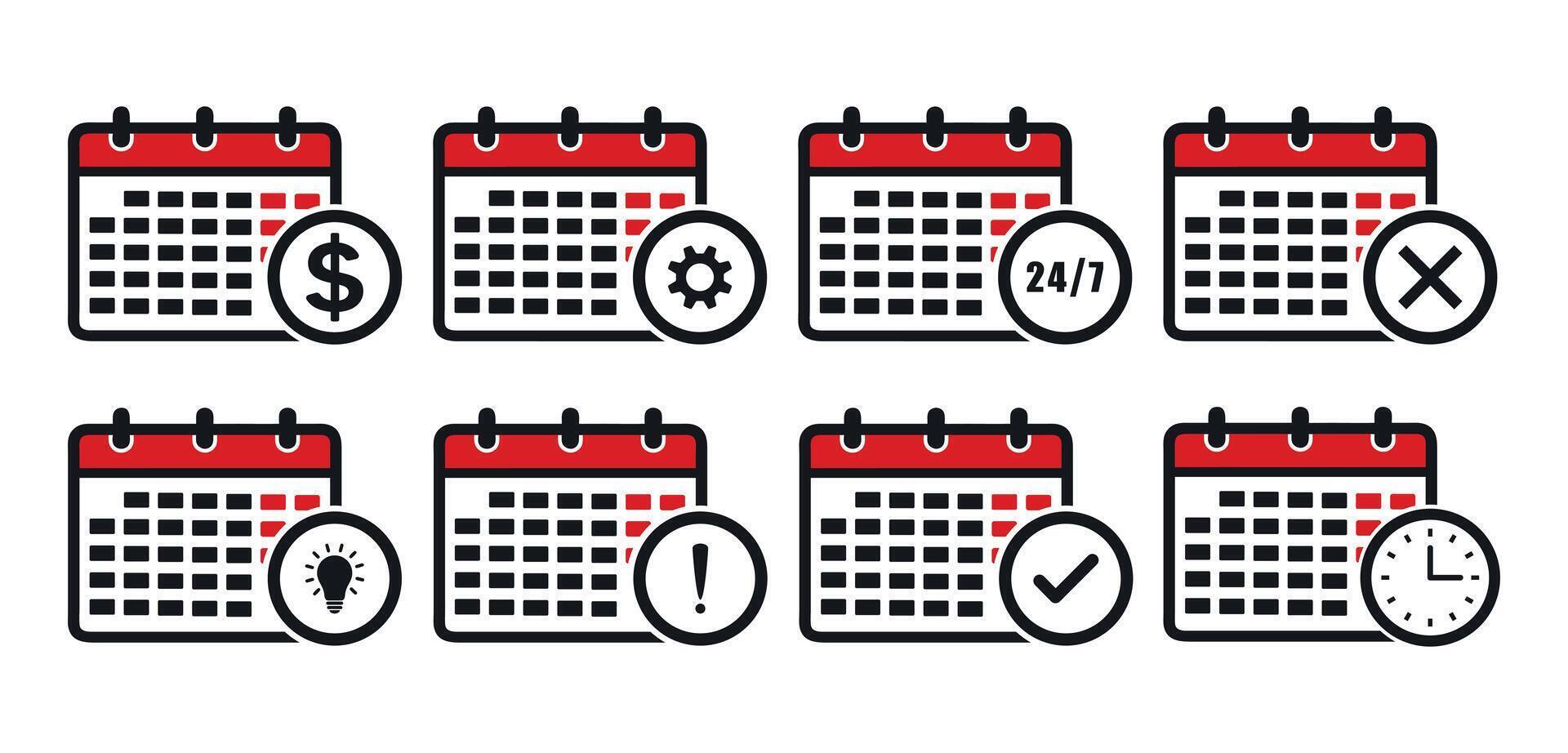 calendar icon. black and white check mark, clock, gear, dollar, bulb icons set silhouette. calendar website element icon vector
