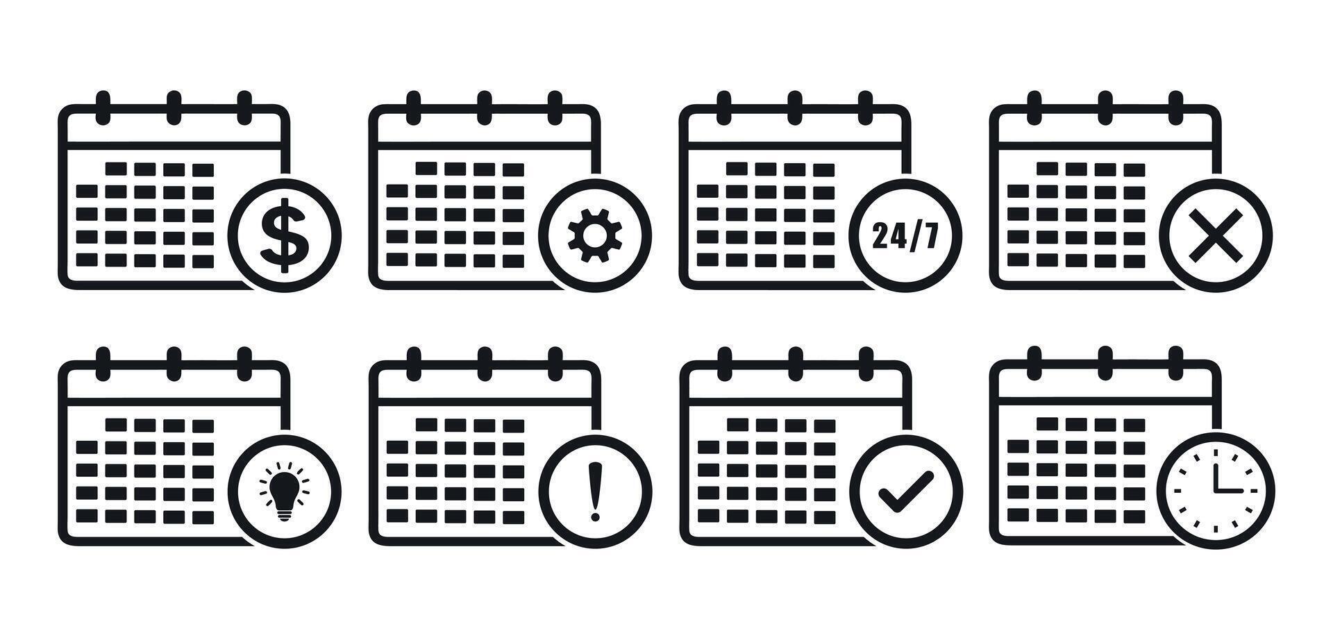 calendar icon. black and white check mark, clock, gear, dollar, bulb icon set silhouette. calendar website element icon vector