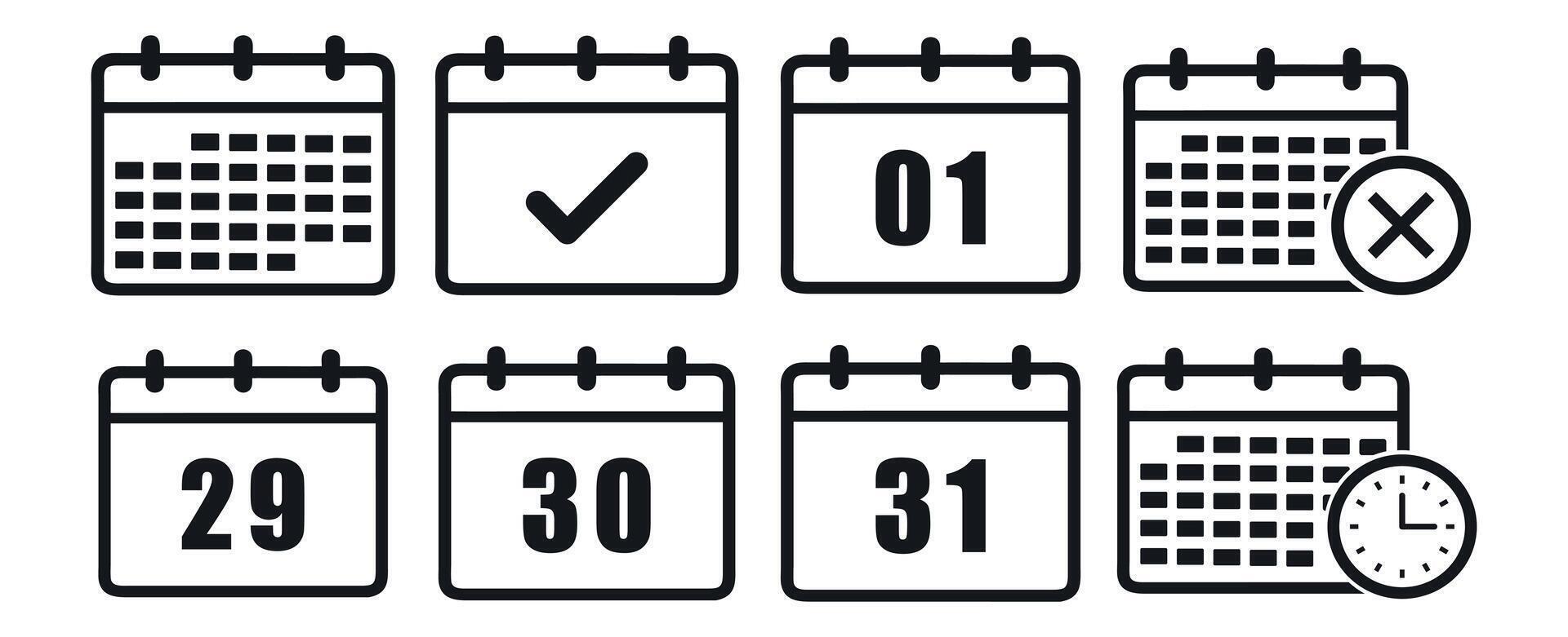 Calendar date icon set. Planner. Calendar icon with different date from 1, 29, 30 and 31 day. Meeting deadlines. Isolated on white background vector
