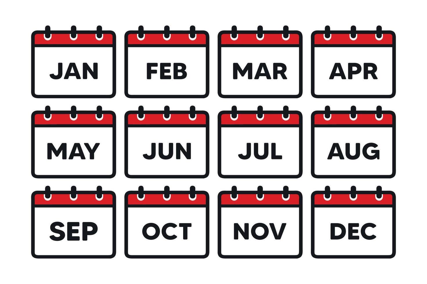 Calendar icons, minimalist design, red and black color scheme, monthly calendar pages, bold typography, clean layout, organized grid, simplistic graphics, time management concept, year at a glance vector